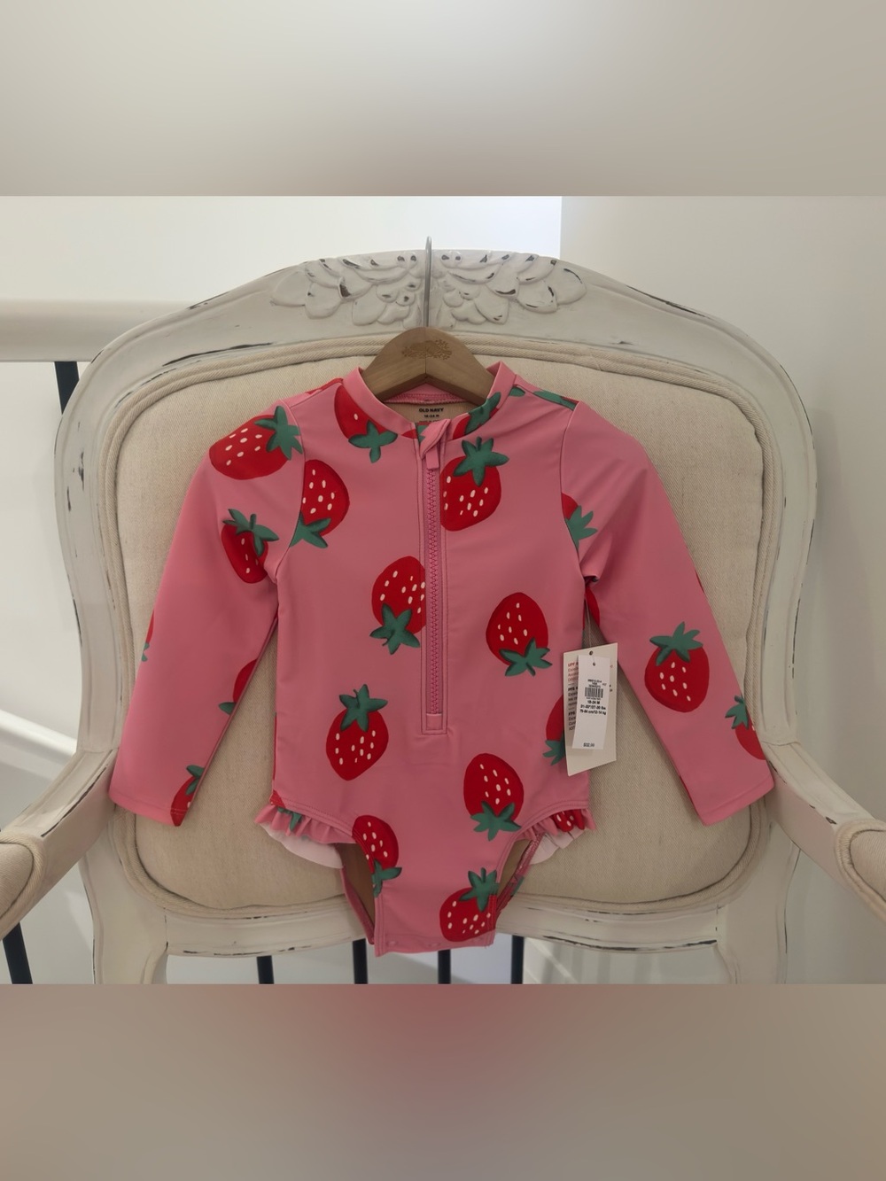 🍓 18~24 Mth Pink Strawberry-Print Long-Sleeve One-Piece Bathing Suit NWT